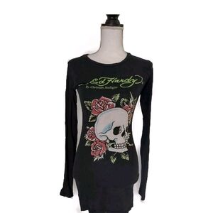 Ed Hardy Y2k Black Long Sleeve with Skull and Rose Design